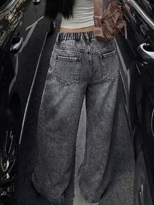 Celana Jeans Longgar dan Nyaman Berpayet Biru-Hitam Berkilau Gaya Kasual Y2k untuk Sekolah, Cocok untuk Remaja Perempuan - Biru - View 2