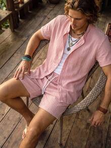 Alderstead Men's Plus Size Summer Pink Casual Solid Color Short Sleeve Shirt And Shorts Set,Beach Party Pool Holiday Vacation Hawaii Tropical Swim Bathing Outfit - Pink - View 5