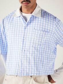 SUMWON Gingham Checked Cropped Boxy Short Sleeve Button-Front Shirt With Contrast White Collar And Chest Embroidery Detail - Blue and White - View 4