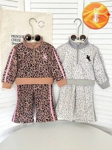 SHEIN 女嬰秋冬復古豹紋灰色兩件套，半拉鍊立領灰色小馬印花衛衣搭配灰色條紋寬腿長褲 - 灰色 - 查看 10