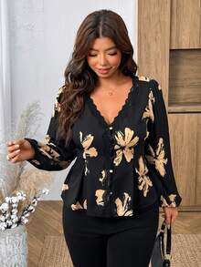 SHEIN Frenchy 大尺碼女款V領花卉圖案蕾絲拼接休閒日常襯衫 - 彩色 - 查看 7