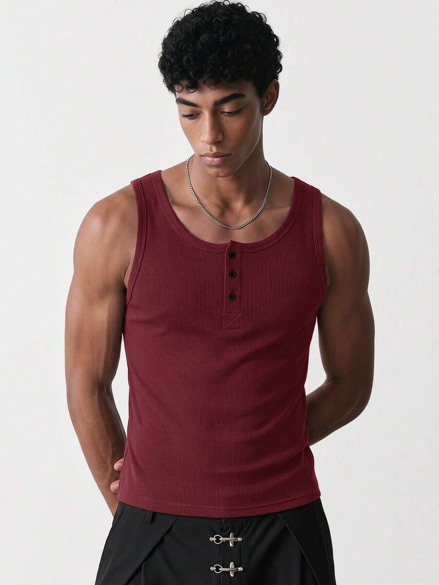 SWAVVY Áo vest nam 2 trong 1 thiết kế cúc cài phong cách thường ngày - Màu Đỏ Sâu - Xem 1
