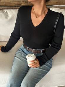 Dazy Plus Solid Color Fitted Casual Versatile Spring Autumn Winter Black Long Sleeve Pullover Sweater - Black - View 4