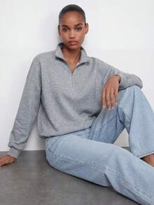 Maija Quarter Zip Oversized Sweatshirt Casual, Airport Graduation, Back To School, Teacher,  Spring Vacation Holiday Summer - Grey - View 2