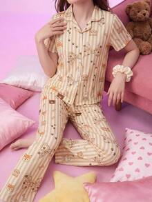 Provexi Provexi Set Piyama Wanita Kasual Lucu Bermotif untuk Tidur di Rumah, Warna Beige, Musim Panas - MultiWarna - View 8