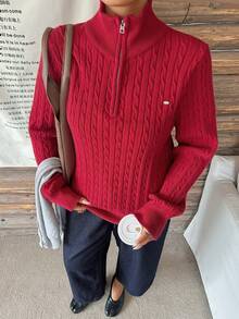 Dazy Plus Solid Color Casual Half-Button Loose Fit New Year Red Christmas Long Sleeve Pullover Sweater, Autumn/Winter - Red - View 7