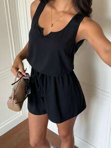 SHEIN EZwear 女款純色缺口V領腰部綁帶無袖連身褲 - 黑色 - 查看 5