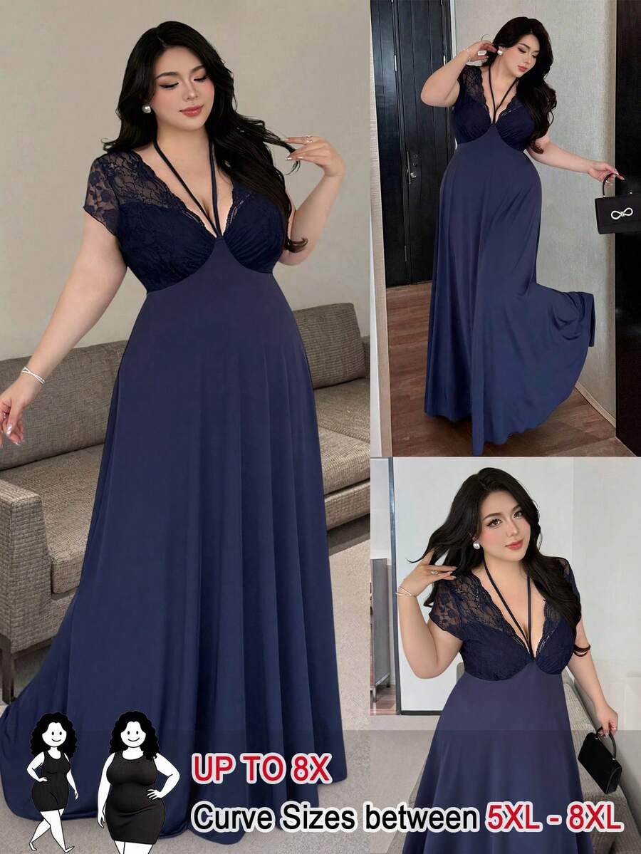 SHEIN CURVE+ 大码女式V领蝴蝶结蕾丝拼接短袖优雅复古可爱度假派对连衣裙 - 藍色 - 查看 1