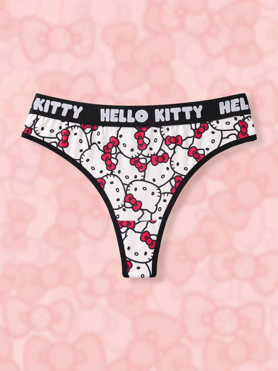 HELLO KITTY AND FRIENDS | SHEIN 1件装女士红色可爱卡通猫咪印花性感丁字裤,柔软舒适,可爱甜美 - 紅白色 - 查看 1