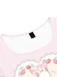 ROMWE Anime Cute Rabbit Heart Bow Floral Rose Butterfly T-Shirt & Shorts Women 2 Pieces Set - Pink - View 3