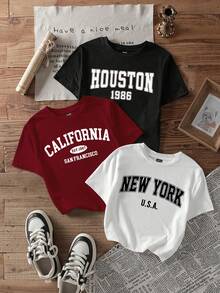 Divinelle 3pcs Set Casual Minimalist Letter Print Pattern Crew Neck Short Sleeve Fitted Women's Cropped T-Shirt - Multicolor - View 2