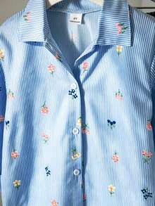 SHEIN Genkimix Kids 女童仿刺繡圖案藍白條紋印花襯衫，清新輕盈設計，領口長袖寬鬆休閒襯衫，花卉圖案，春/秋休閒襯衫 - 藍色 - 查看 4