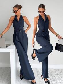 Siren Gaze Commuter Halter Jumpsuit For Women, Navy Blue Romper Elegant Chic Summer - Navy Blue - View 1