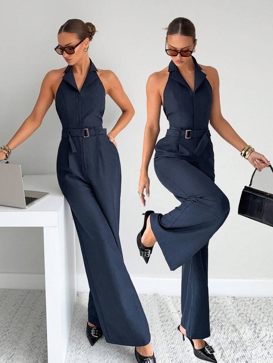 Siren Gaze Commuter Halter Jumpsuit For Women, Navy Blue Romper Elegant Chic Summer - Navy Blue - View 1