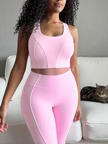 Rhythm Era Plus Size Women's Solid Color Waist-Flattering Line Patchwork Loose Long Pants Sweatpants Gym Sports Light Pink Summer Pilates Tropical - Pink - View 4