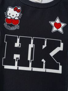HELLO KITTY AND FRIENDS | SHEIN Young Girl Letter Cartoon Print Casual Daily Short Sleeve T-Shirt - Black - View 4