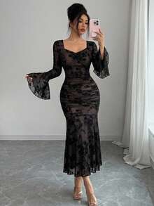 DAZY Women's Elegant Lace Pleated Fishtail Dress, Spring/Summer Wedding Guest Dress Sundress - Black - View 14