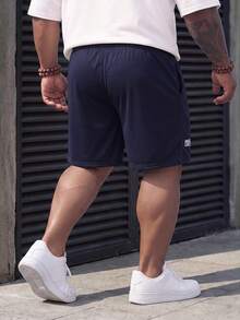 DRIVNCORE Plus-Size Men's Solid-Colored Patchwork Drawstring Casual Shorts For Summer - Navy Blue - View 2