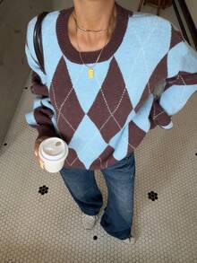 Muchica Nouveau pull col rond motif argyle bleu et marron pour femmes automne/hiver, style décontracté pour brunch - Multicolore - Voir 2