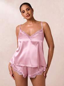SHEIN BAE CURVE 蕾丝边缎面吊带背心和短裤睡衣套装/睡衣套装 - 粉色 - 查看 3