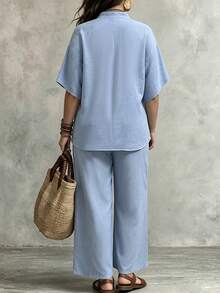 SHEIN LUNE CURVE Plus Size Woven Casual Shirt & Pants 2 Pieces Set, Vacation Autumn - Blue - View 2
