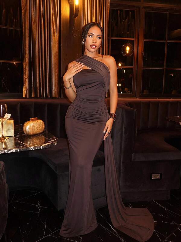 Slaydiva Brown One Shoulder Long Draped Sash Ruched Mermaid Evening Maxi Dress-A