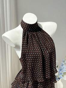SHEIN EZwear 女款春夏秋棕色與藍色波點印花雪紡中領掛脖綁帶露背荷葉邊層次感上衣，優雅通勤辦公室復古休閒購物約會日常出遊百搭 - 棕色 - 查看 5