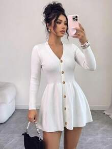SHEIN Raffinéa Women's Solid Color V-Neck Pleated Casual Daily Knit Dress - White - View 3