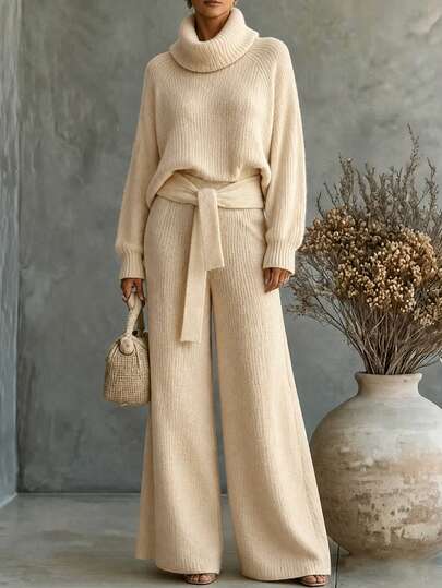 SHEIN Franclia 2pcs/Set Women Casual Loose Solid Color High Neck Sweater, Elegant & Versatile, Autumn/Winter
