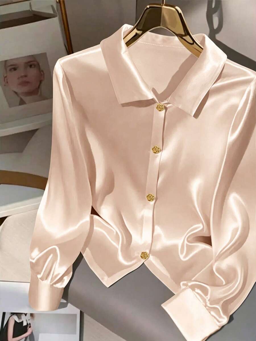 GlowEve 女士纯色前扣优雅办公室长袖衬衫 - 米色 - 查看 1