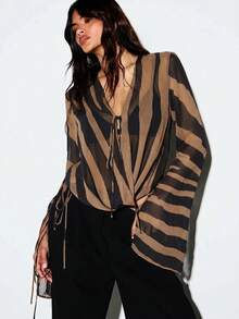 KIZN Sheer Zebra Print V-Neck Blouse With Flared Bell Sleeves And Tie Front Detail - Brown - View 1