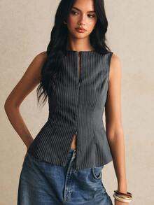 Poéselle Women's Striped Casual Versatile Commute Travel Blazer Jacket - Dark Grey - View 6