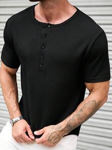 Manfinity Homme 男士半開襟鈕扣短袖圓領T恤，黑色短袖T恤，羅紋紋理面料，親膚柔軟舒適，修身剪裁，基礎百搭風格，休閒舒適多功能，適合外出、街拍、居家、旅行、度假、日常穿著等 - 黑色 - 查看 3