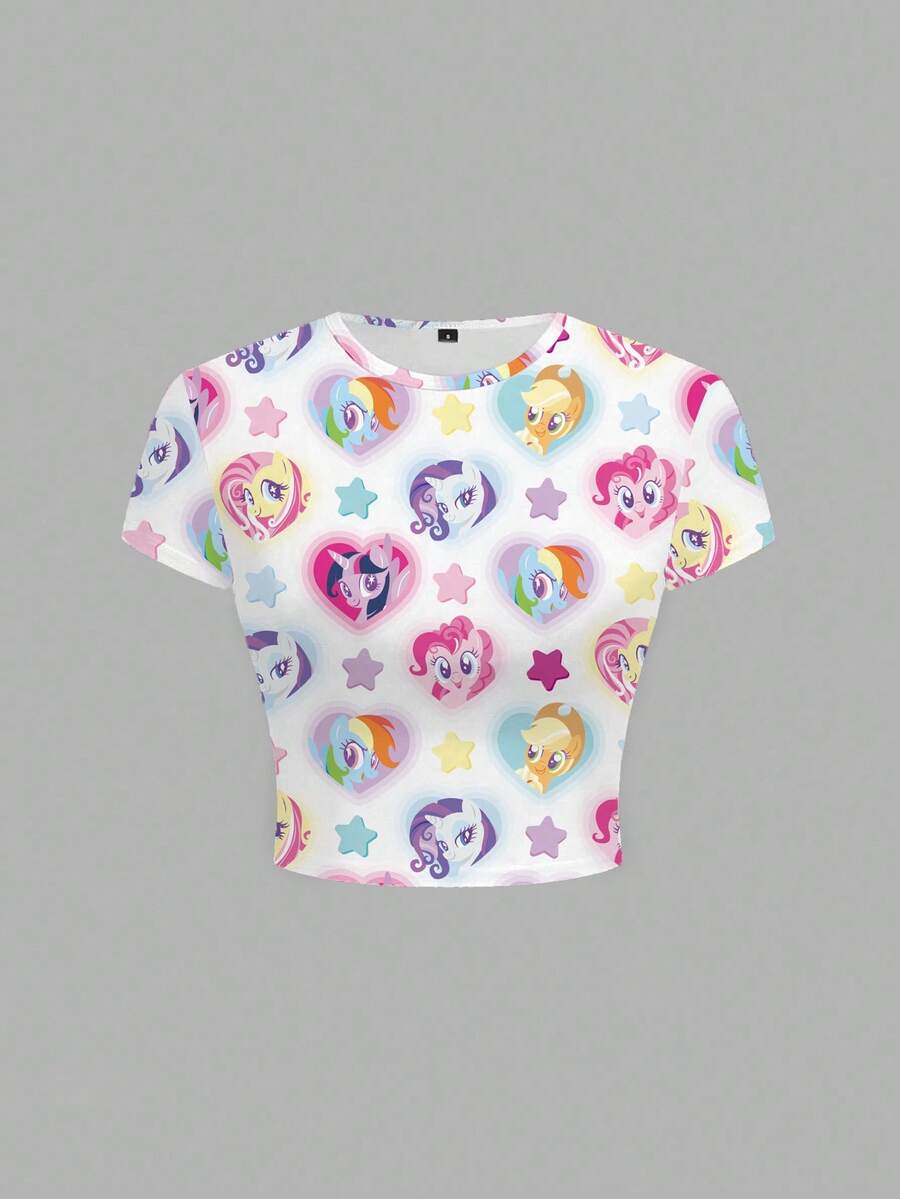 My Little Pony X SHEIN Women's Round Neck Cartoon Print Casual Daily Short Sleeve T-Shirt - White - View 1