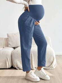 SHEIN 孕婦純色可調腰圍休閒長褲，附口袋，秋季款 - 藍色 - 查看 6