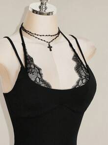 SHEIN ICON Y2K 女款黑色蕾絲拼接性感迷你洋裝，適合約會與外出穿搭 - 黑色 - 查看 8