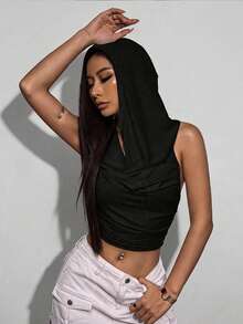 SHEIN ICON Solid Ruched Tie Backless Crop Hooded Tank Top - Black - View 1