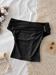 Tseoso Kaos Rajut Wanita Warna Polos Slim Fit Tanpa Bahu, Hitam, Seksi untuk Acara Malam Musim Panas - Putih - View 1