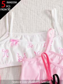 SHEIN Genkimix Kids 6件組女孩可愛優雅心形與蝴蝶結印花時尚細肩帶上衣，適合前青春期女孩，多色，梭織輕盈透氣經典款 - 彩色 - 查看 4