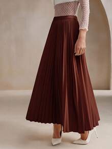 Anewsta Women's Solid Color Elegant Pleated Skirt Maxi Women Outfit - Rust Brown - View 4