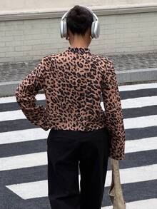 Muchica Leopardenmuster Stehkragen Napoleon Knopf Jacke für Frauen Lässig Western Rave Elegant Streetwear Nachtausgang Party Oberbekleidung Mantel Halloween Halloween - Braun - Übersicht 2