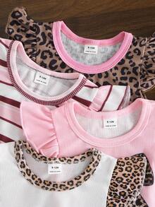 SHEIN Playful Pals 8件套 | 嬰兒女童 0-3歲 春/夏新款休閒日常穿搭，極簡純色不對稱羅紋針織短袖背心 + 短褲組合 - 棕色 - 查看 6