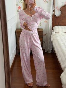 CottageSlumber Pink Bow Print Long Sleeve Long Pants Women's Pajama Set - Pink - View 4