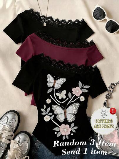 Teen Girls Lace Patchwork Floral Butterfly Pattern Casual T-Shirt, Summer, Outfit, Comfortable, Minimalist, Vacation, Back To School, Cute, Vintage