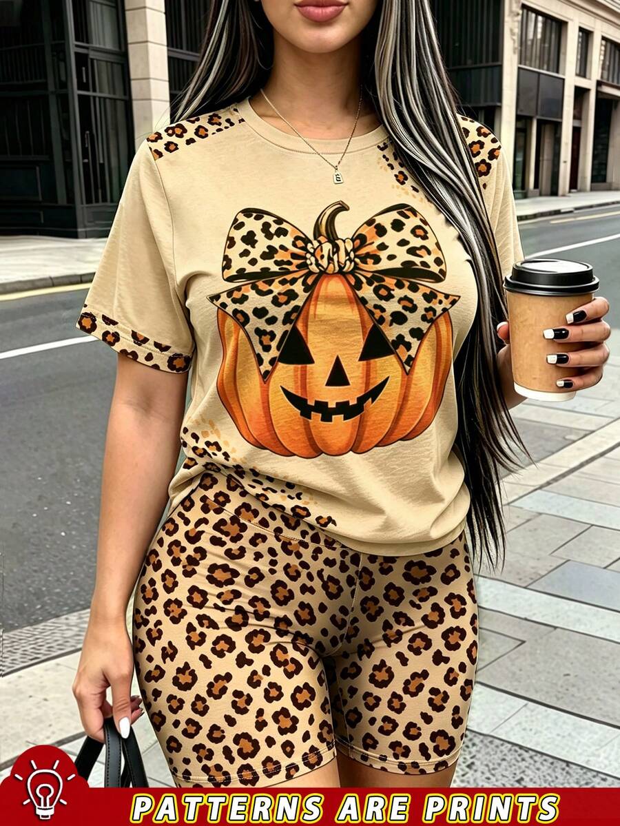 Rovax Women's Plus-Size 2 Pieces Set, Short-Sleeved Tops And Shorts.Leopard And Pumpkin Pattern. Suitable For Halloween, Casual,Gift For Friends