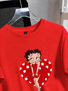 Betty Boop x SHEIN SHEIN EZwear 休閒極簡圓領短袖寬鬆女款愛心印花T恤，夏季街頭風，返校季，Y2K，派對，海灘度假，紅色 - 紅色 - 查看 8