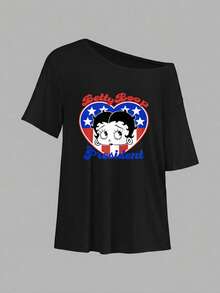 Betty Boop x SHEIN SHEIN EZwear 休閒極簡卡通印花女款T恤，適合夏季穿著 - 黑色 - 查看 2