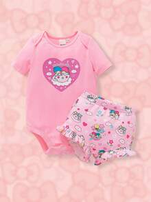 HELLO KITTY AND FRIENDS | SHEIN 女婴可爱粉色连体衣和荷叶边短裤 - 彩色 - 查看 1