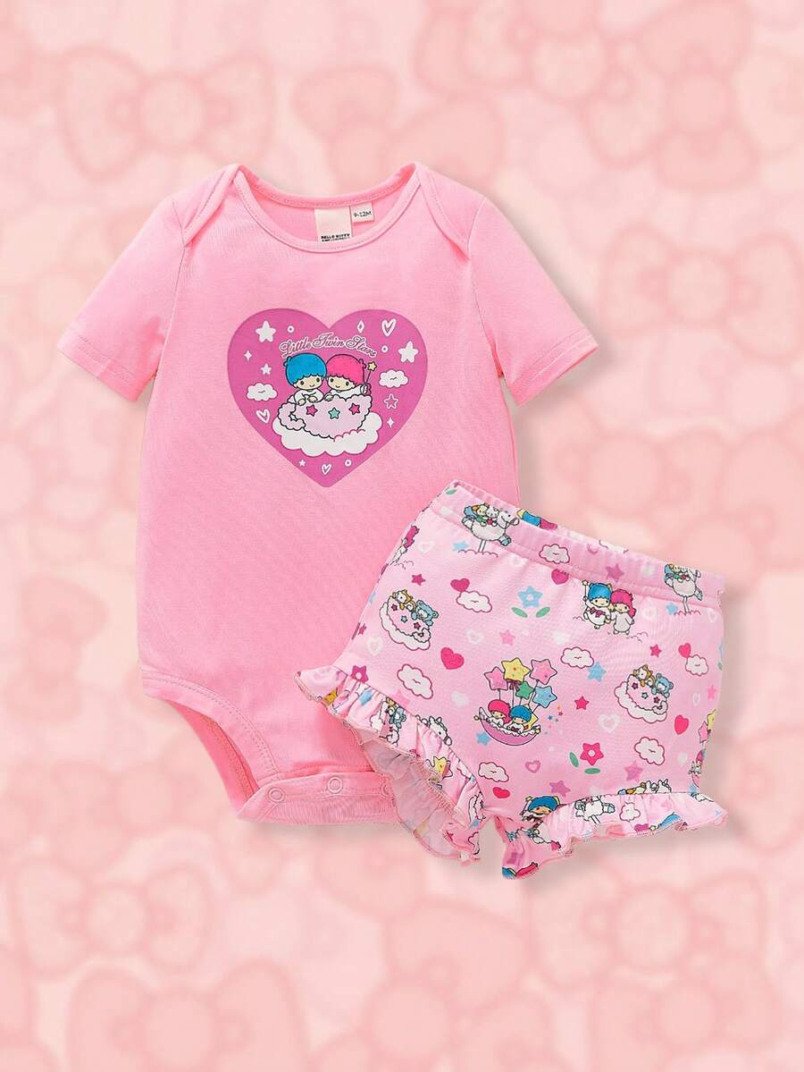 HELLO KITTY AND FRIENDS | SHEIN 女婴可爱粉色连体衣和荷叶边短裤 - 彩色 - 查看 1