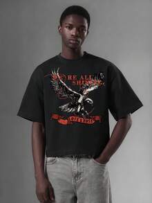 Salvezio American Vintage Western Raptor Falcon Fashion Print Men's Black Standard Size Cropped Loose Fit Short Sleeve T-Shirt - Black - View 6